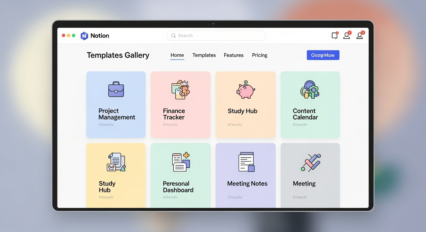 Captura de tela da Galeria Oficial de Templates do Notion mostrando várias categorias de templates disponíveis, como Gerenciamento de Projetos, Finanças e Estudos.