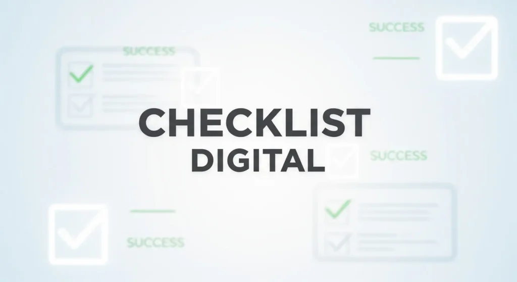 Thumbnail com texto "CHECKLIST DIGITAL" sobre fundo com marcações de conclusão brilhantes e indicadores verdes de sucesso