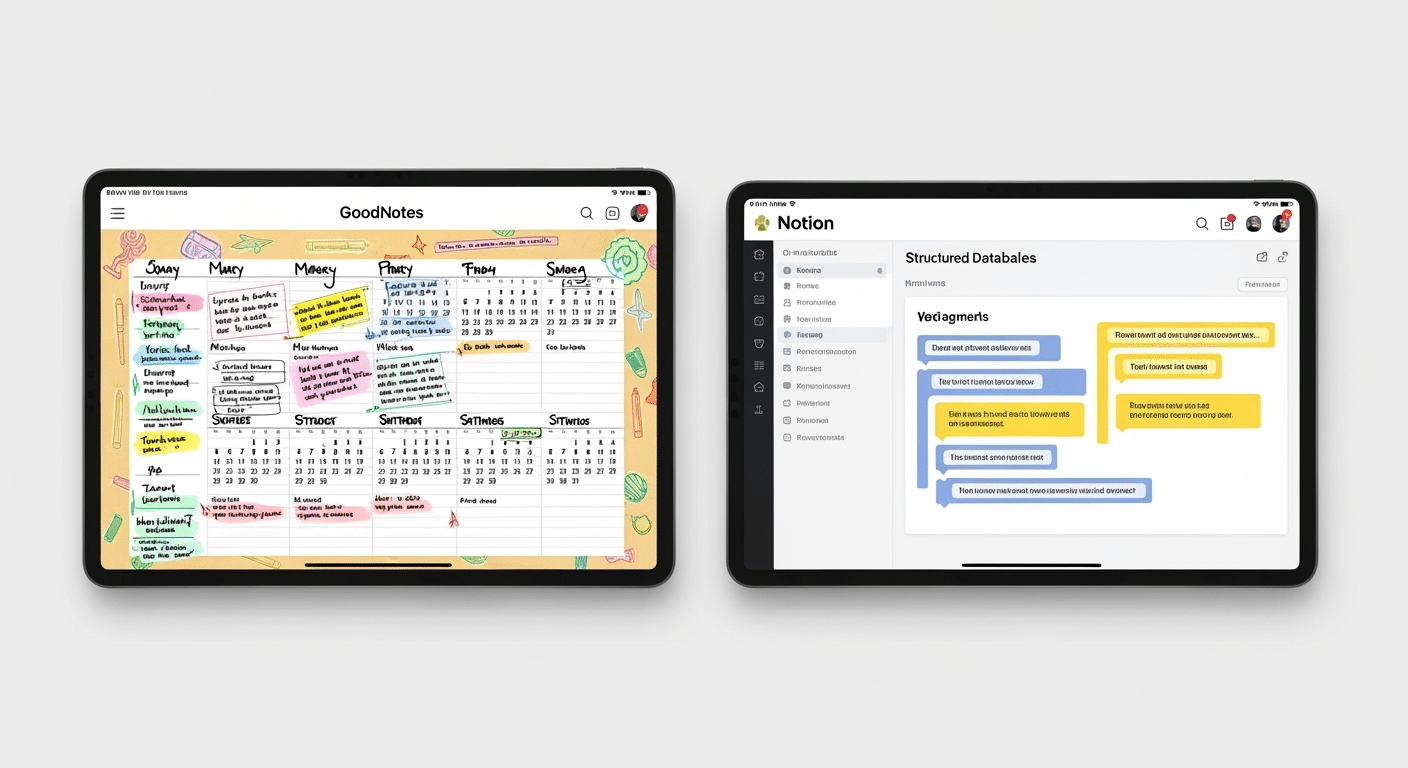 Comparação lado a lado de um planner digital em PDF no GoodNotes e um dashboard no Notion, destacando suas interfaces distintas.