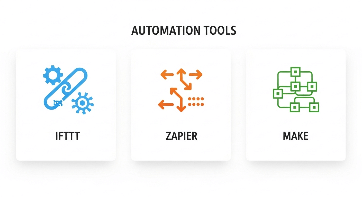 Tabela comparativa simples ilustrando as características principais do IFTTT, Zapier e Make (Integromat).