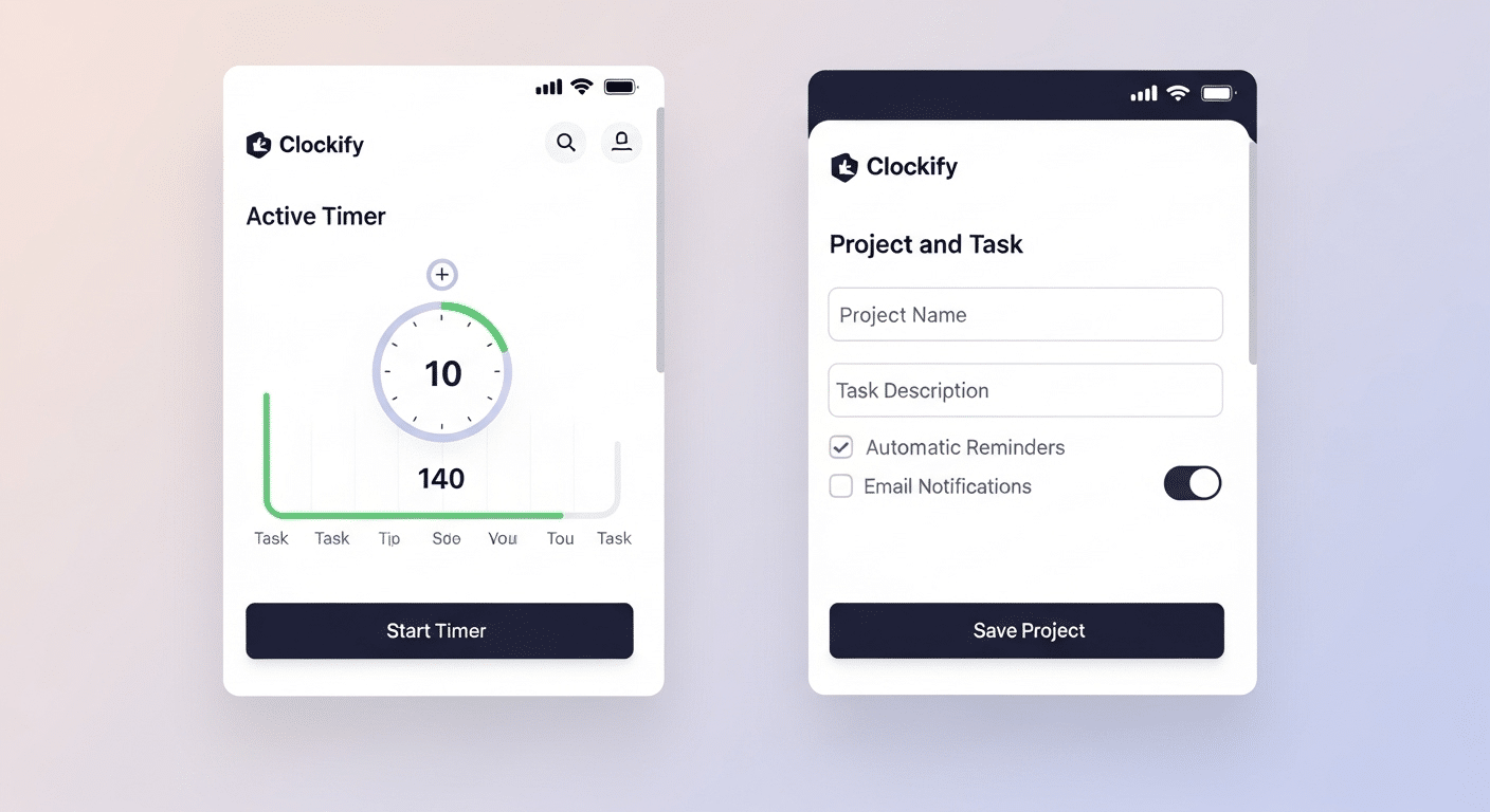 Captura de tela do timer ativo do Clockify e da tela de configuração de um novo projeto e tarefa, destacando as opções de lembretes automáticos para garantir o registro consistente.