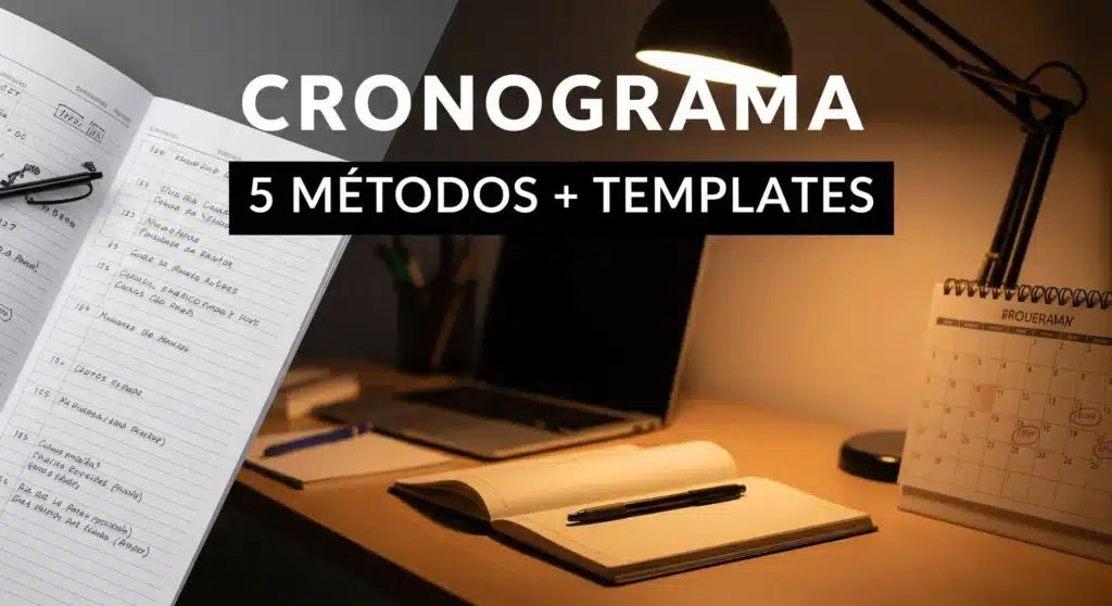 Thumbnail com texto "CRONOGRAMA 5 MÉTODOS + TEMPLATES" sobre fundo com agenda de estudos e calendário organizado