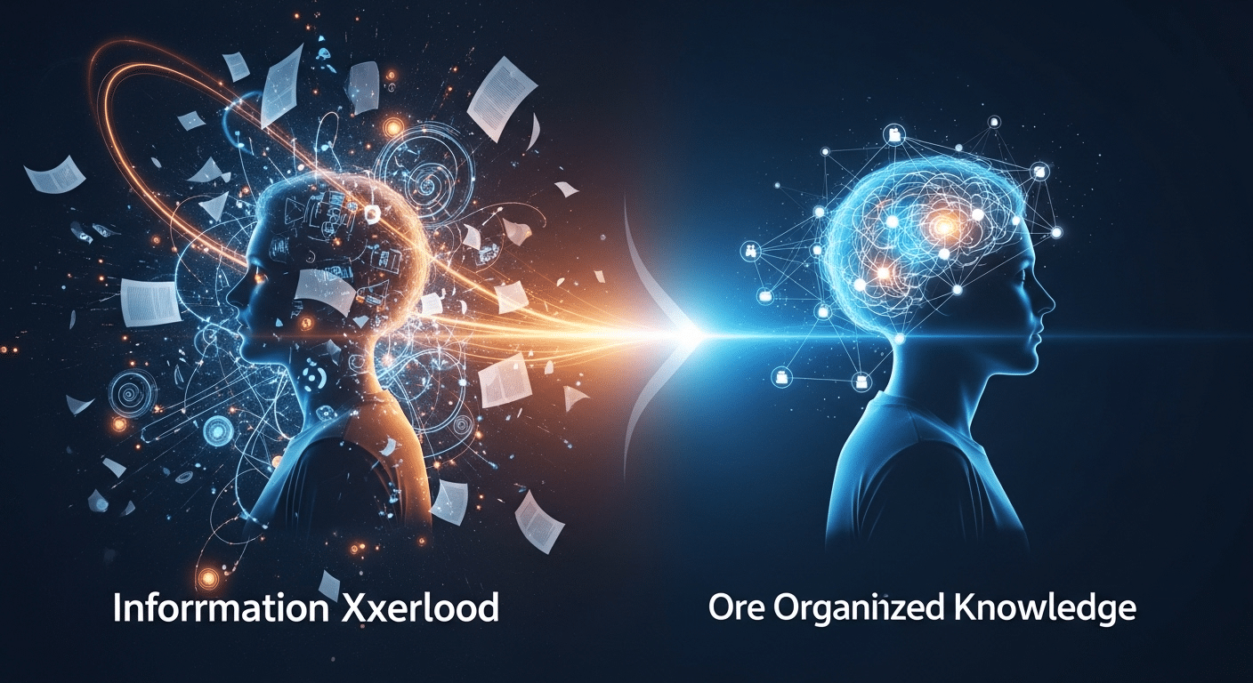 Ilustração da sobrecarga de informações e notas dispersas em um fluxo de dados digital.