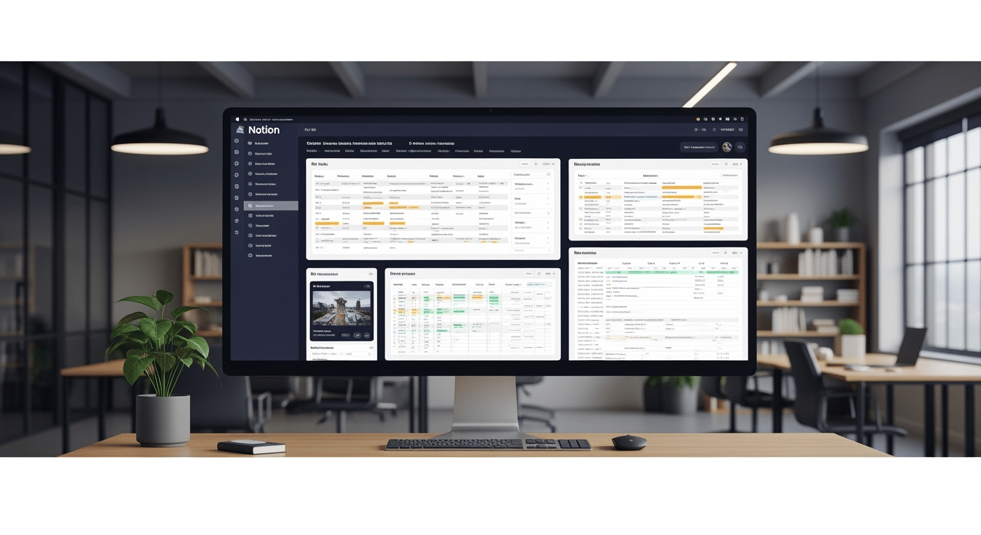 Visão de um dashboard no Notion com múltiplas bases de dados interligadas (tarefas, projetos, notas, hábitos) demonstrando um sistema completo de planner digital e Personal Knowledge Management (PKM).