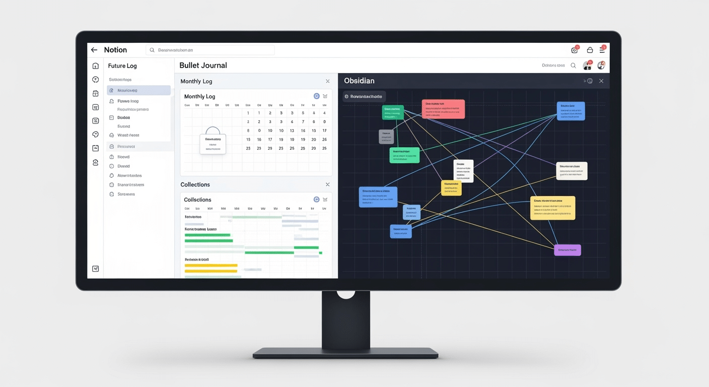 Um dashboard no Notion com diferentes bases de dados para Future Log, Monthly Log e Coleções, mostrando as propriedades e visualizações, ou a visualização em gráfico (Graph View) do Obsidian, mostrando as conexões entre diferentes notas e projetos de um Bullet Journal digital.