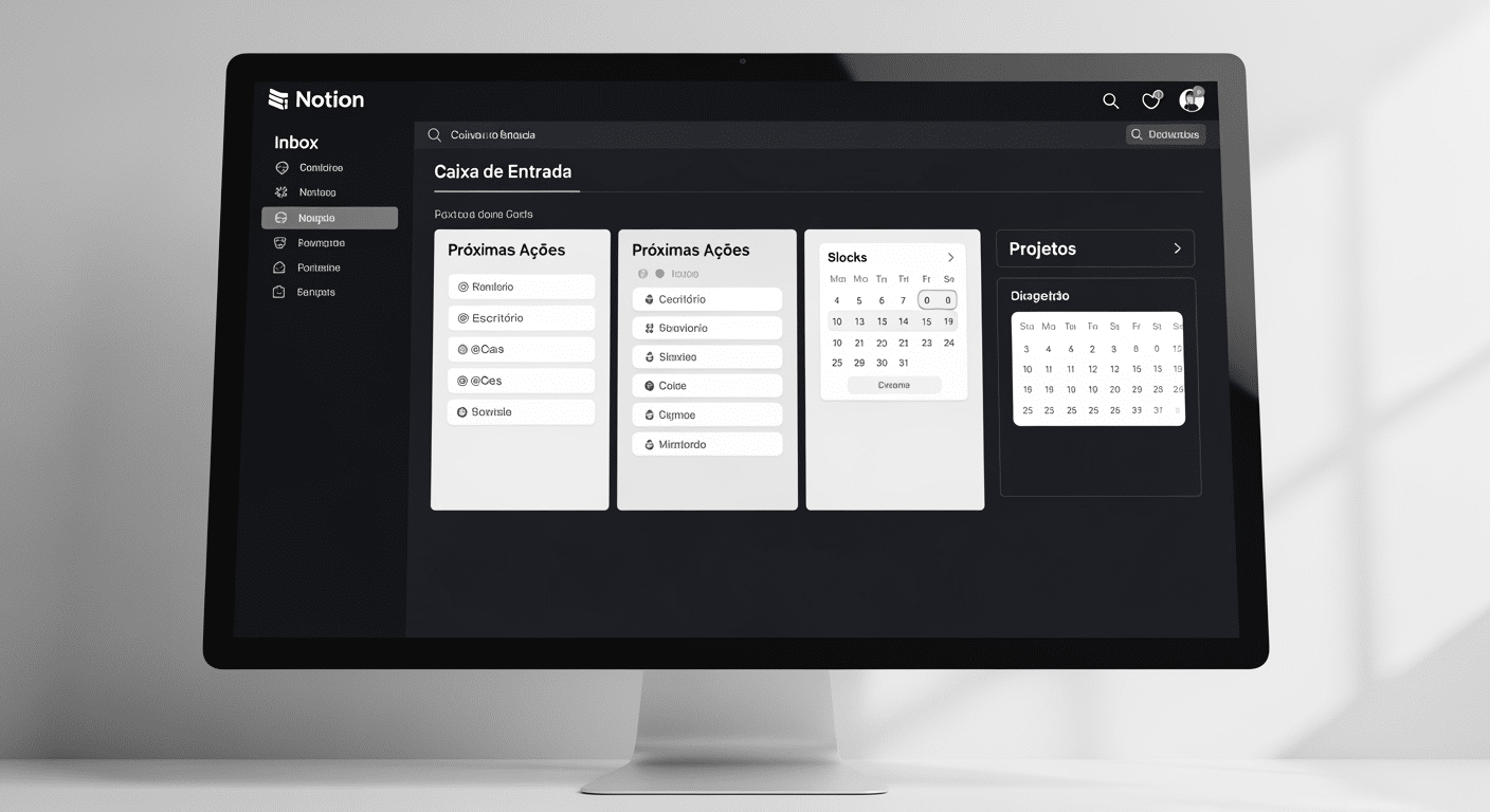 Mockup de um 'dashboard' de produtividade em uma ferramenta como Notion ou ClickUp, que integre diferentes listas, calendários e visualizações, representando um sistema híbrido de gestão de tempo.