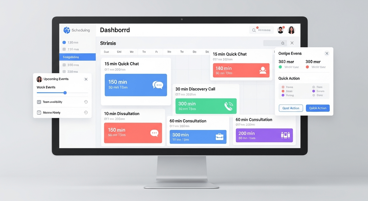 Captura de tela do dashboard do Calendly, exibindo tipos de evento personalizados e estatísticas de agendamento.