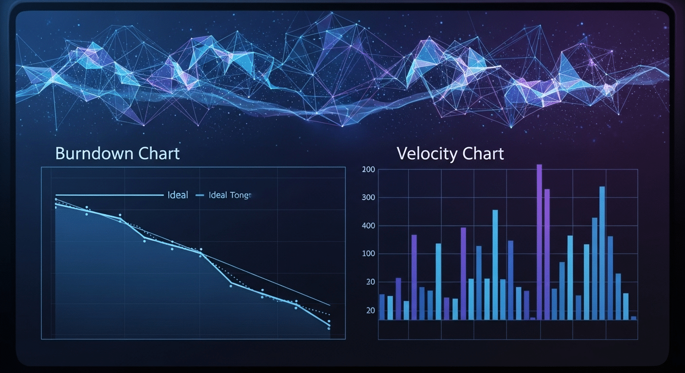 Screenshot das configurações de automação do Jira com uma regra em ação ou um dashboard com um burndown chart e gráfico de velocity.