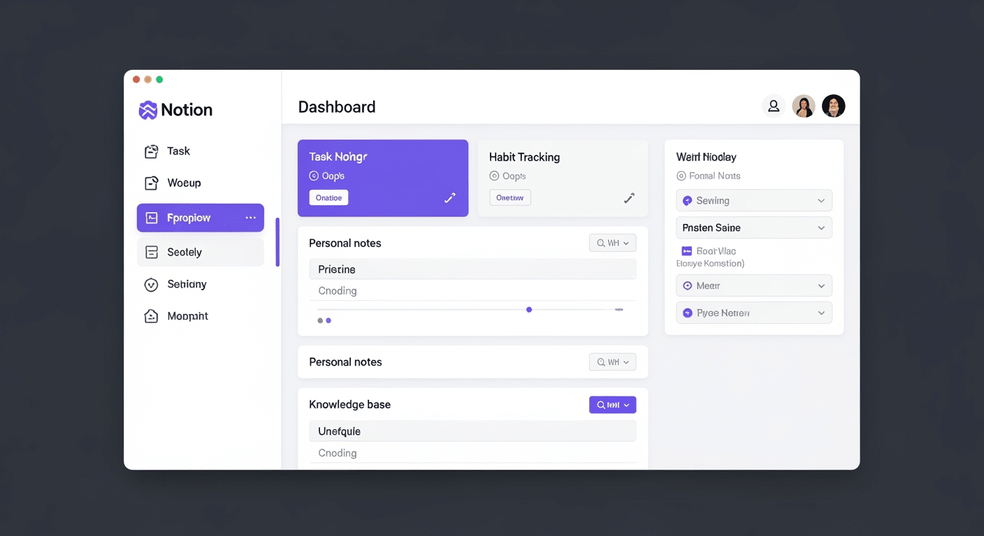 Captura de tela de um dashboard pessoal no Notion para organização da rotina, incluindo planejamento semanal, rastreador de hábitos e base de conhecimento.
