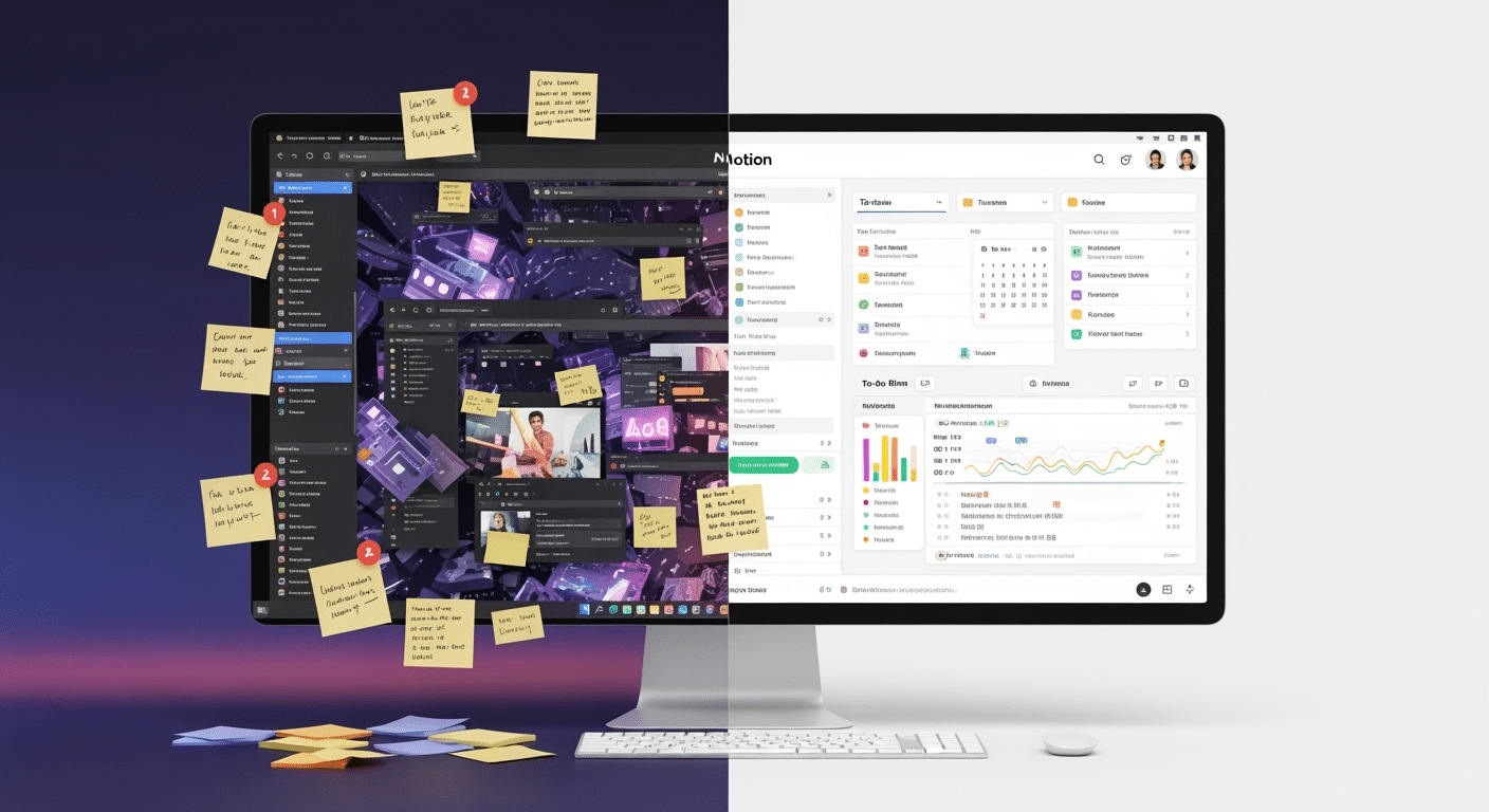Visual conceitual da transformação do caos digital em organização com elementos do Notion.