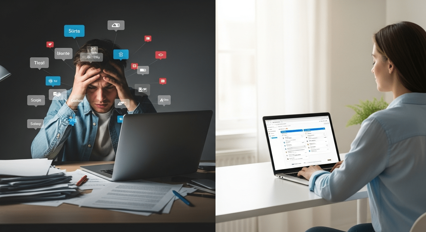 Representação visual da transição de sobrecarga de tarefas para produtividade otimizada através da automação