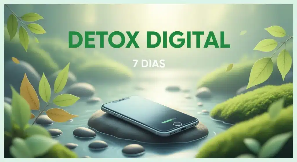 Thumbnail com texto "DETOX DIGITAL 7 DIAS" sobre fundo pacífico com smartphone desligado e elementos naturais