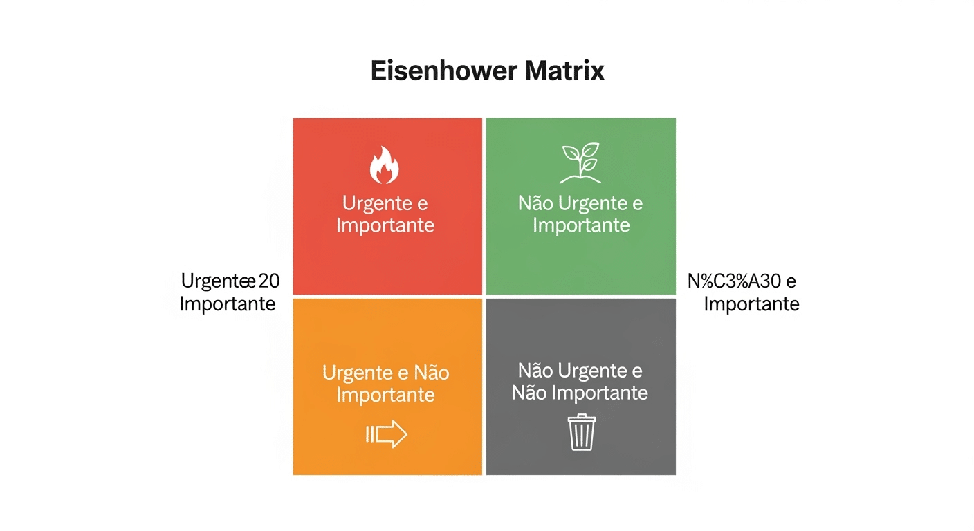 Uma imagem da Matriz de Eisenhower com os quatro quadrantes preenchidos com exemplos de tarefas, como 'Crise com cliente' no Urgente/Importante e 'Planejar próximo trimestre' no Não Urgente/Importante.