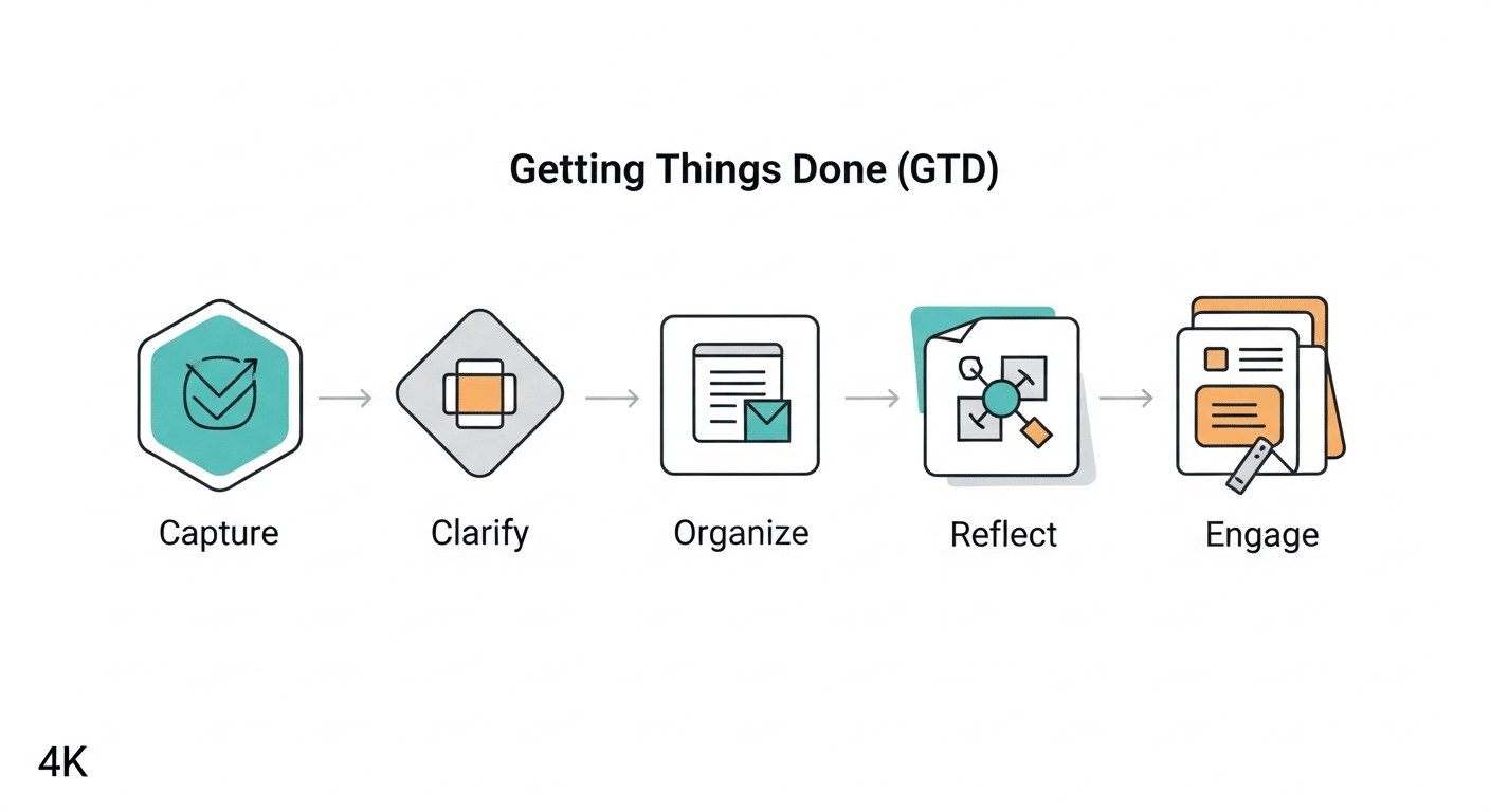 Diagrama visual do método GTD (Getting Things Done) com suas etapas: Capturar, Clarificar, Organizar, Refletir, Engajar.