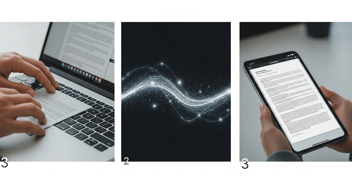 Sequência de imagens demonstrando um arquivo sendo editado no PC e a alteração sendo instantaneamente refletida em um smartphone ou tablet sincronizado