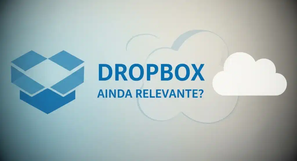 Thumbnail com texto "DROPBOX AINDA RELEVANTE?" sobre ícone clássico de caixa e nuvem em design profissional questionador