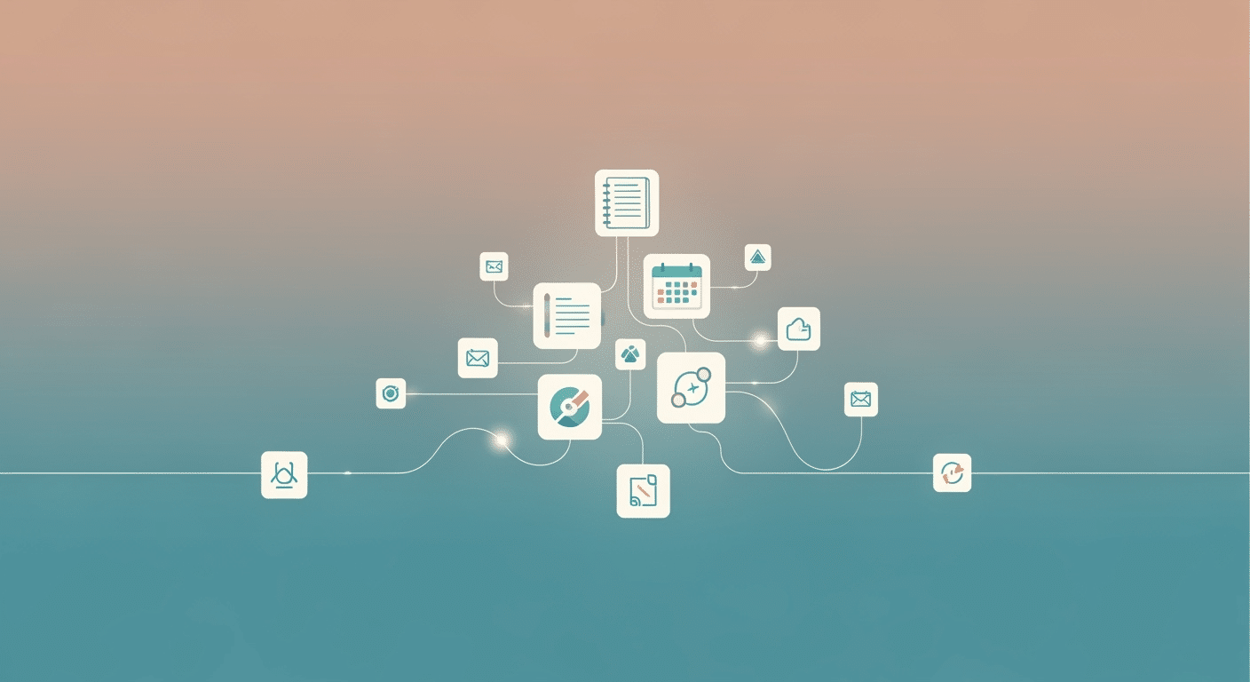 Representação visual de um ecossistema de ferramentas digitais conectadas, simbolizando a integração de softwares de produtividade.