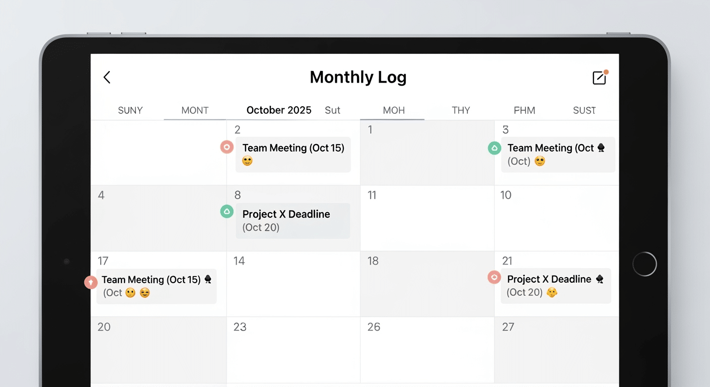 Captura de tela de um Monthly Log digital em um aplicativo, mostrando a organização de eventos e tarefas com datas e marcadores, com entradas como 'Reunião de Equipe (15/10) 🗓️' e 'Prazo Projeto X (20/10) ⭐'
