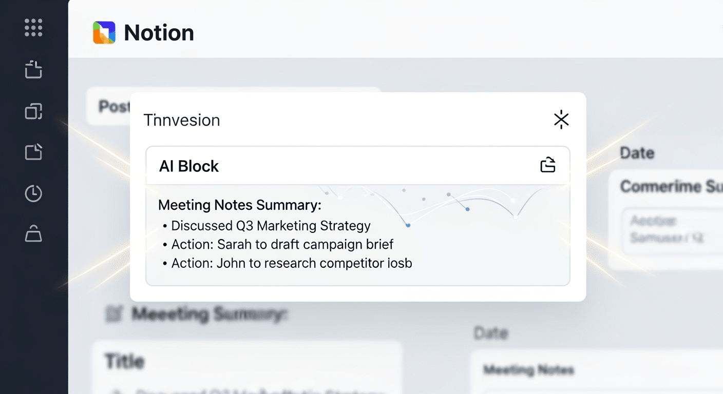 Exemplo de um 'AI Block' sendo usado dentro de um template Notion para gerar conteúdo automaticamente, como um resumo de notas de reunião ou ideias para um post de blog.