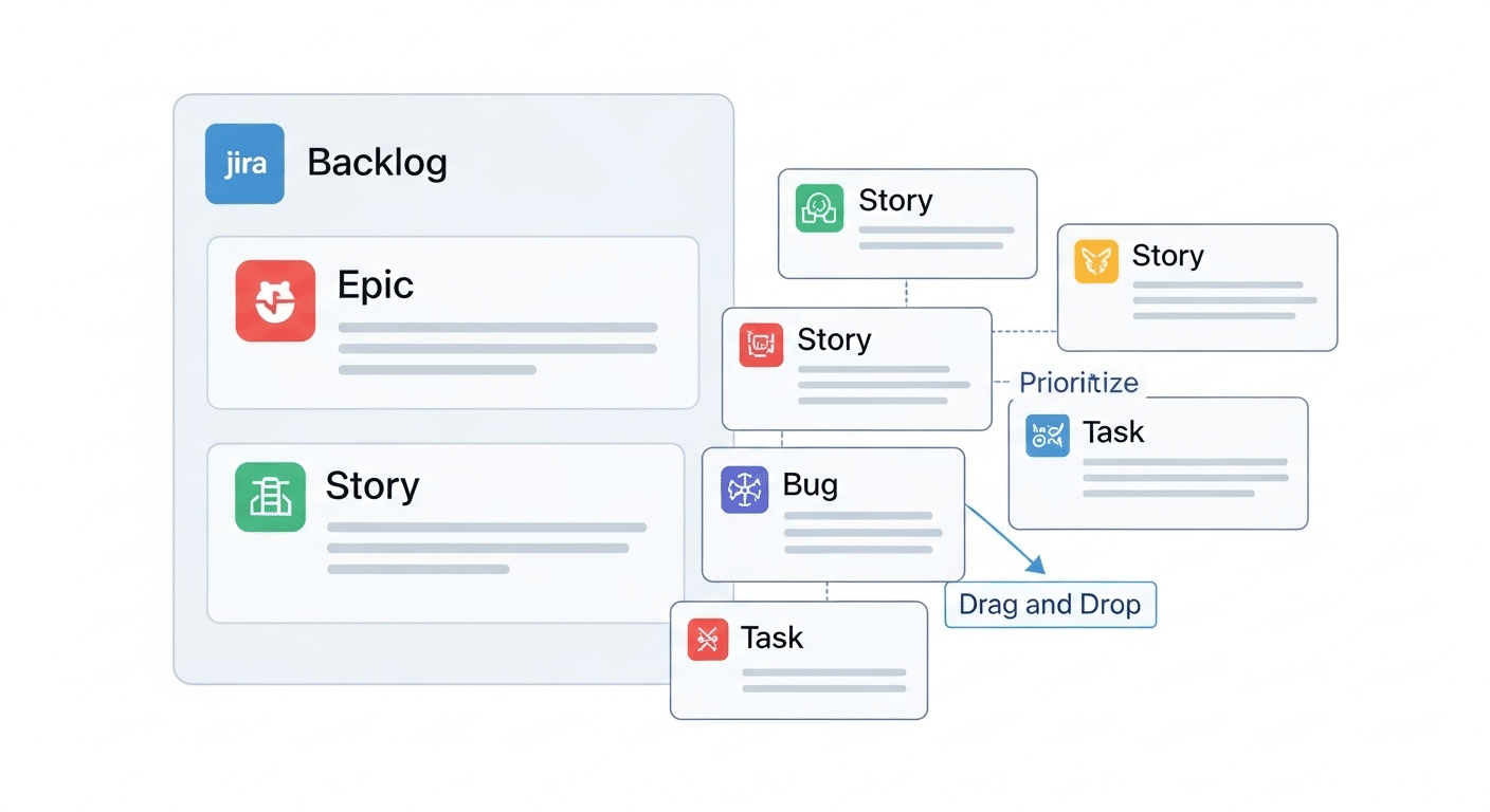 Exemplo de um backlog do Jira com histórias de usuário priorizadas e epics.