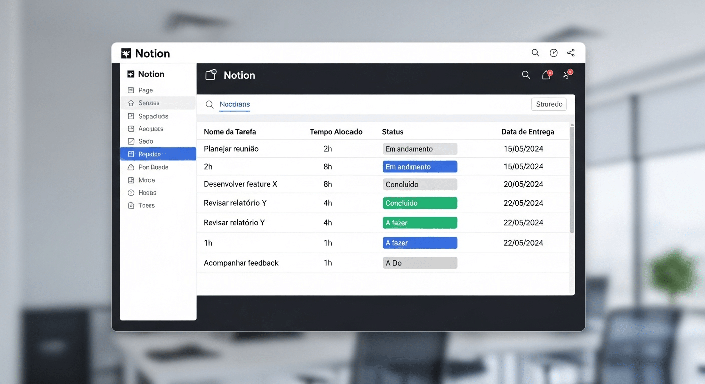 Exemplo de um database no Notion mostrando tarefas com tempo alocado e status, ilustrando a gestão de projetos com timeboxing.