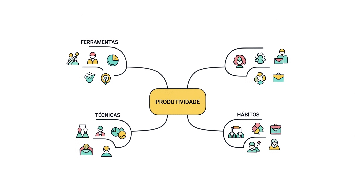 Exemplo de mapa mental com ramificações coloridas e ícones, ilustrando organização de ideias.
