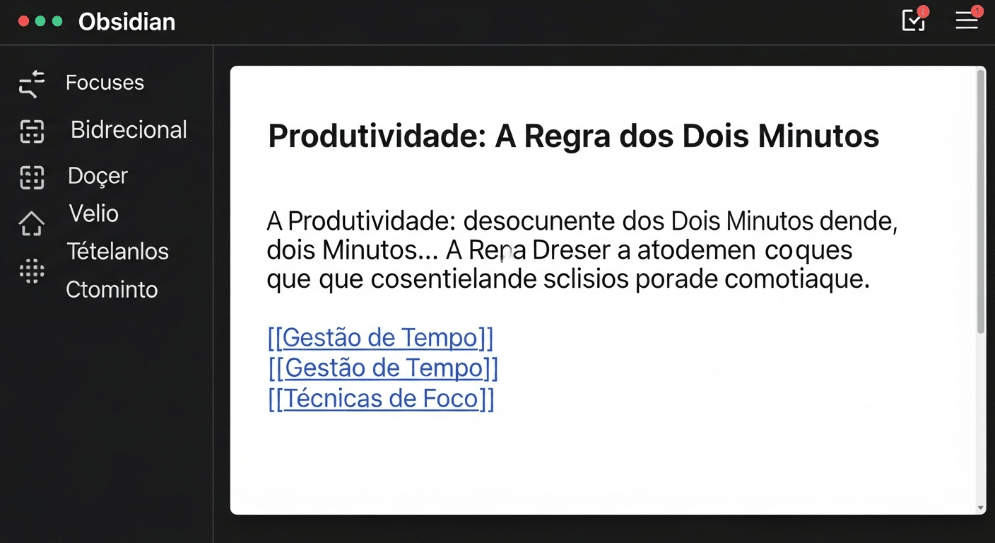 Exemplo de uma nota atômica bem formatada e linkada em uma ferramenta digital como Obsidian, mostrando um título claro, uma única ideia e links para outras notas relacionadas.