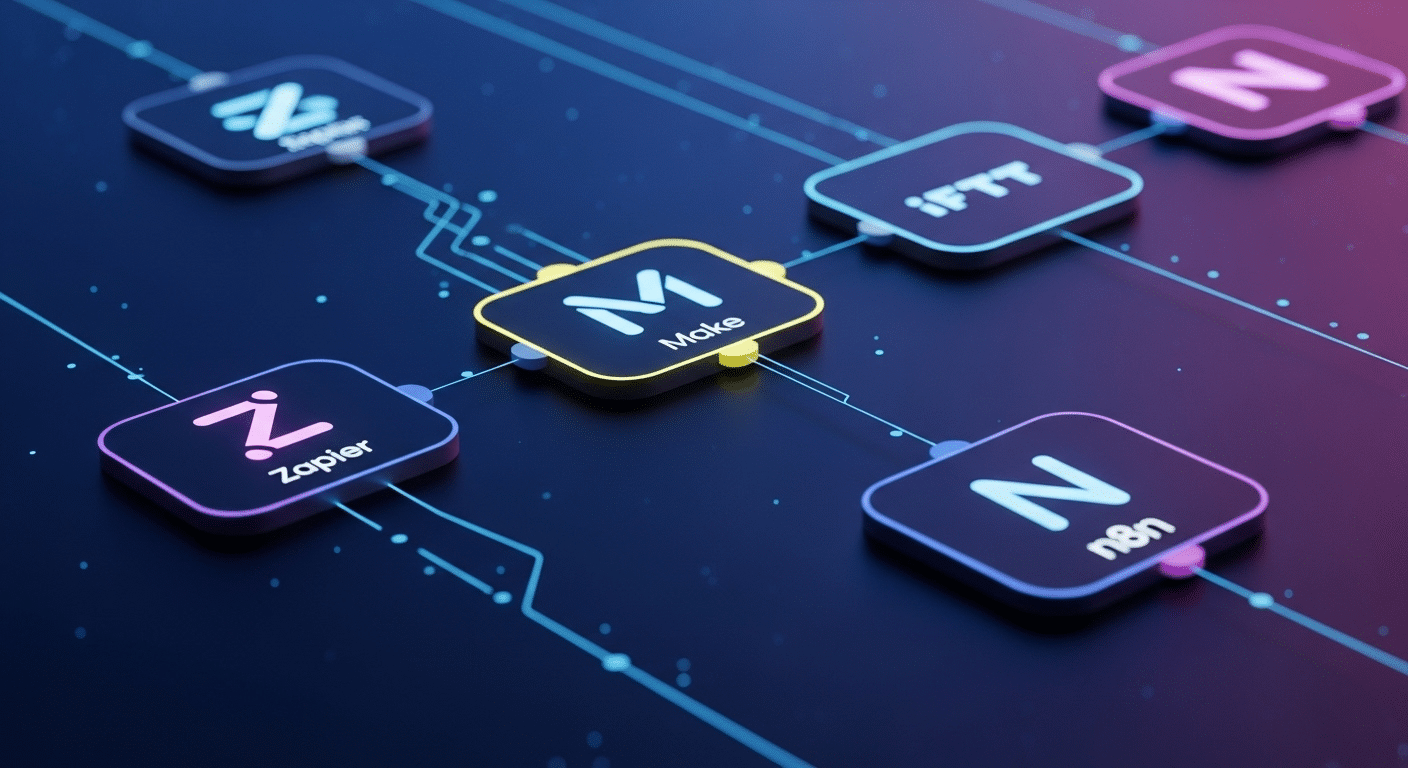 Diversas ferramentas de automação como Zapier, Make e IFTTT representadas por ícones digitais