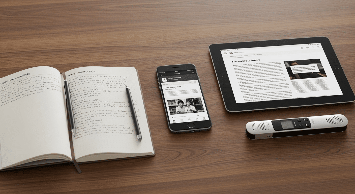 Exemplos de ferramentas e métodos para capturar informações, como apps de notas, web clipper e gravação de áudio.