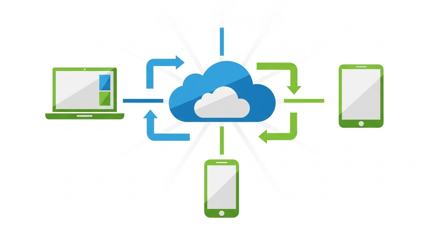 Infográfico simples explicando o fluxo de sincronização entre dispositivos e a nuvem