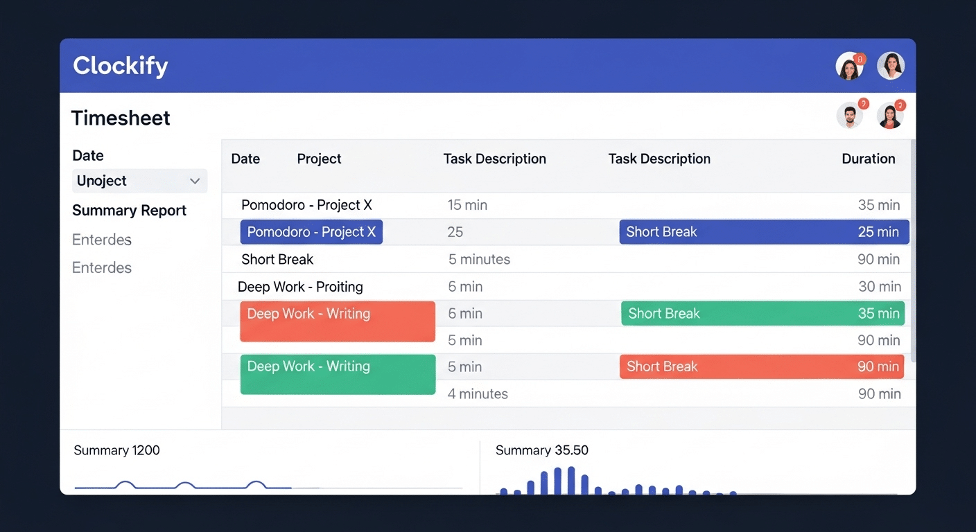 Exemplo de uma folha de ponto (timesheet) preenchida no Clockify, demonstrando o registro de tempo para blocos de foco ou intervalos de 'pomodoros', com descrições detalhadas das tarefas.
