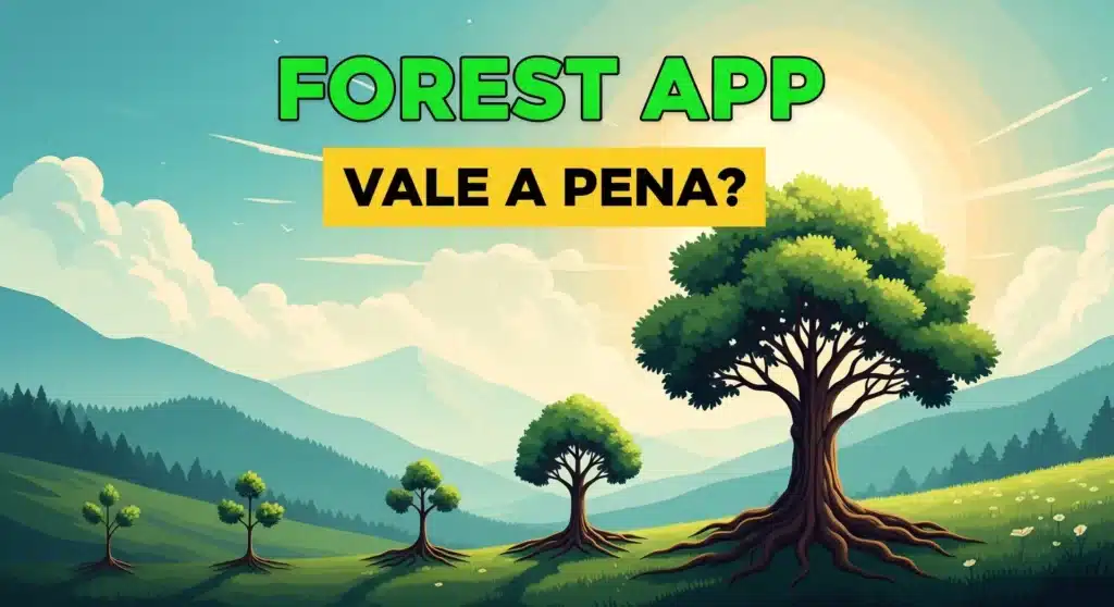 Thumbnail com texto "FOREST APP VALE A PENA?" sobre fundo com ilustração de árvore crescendo em design inspirado na natureza