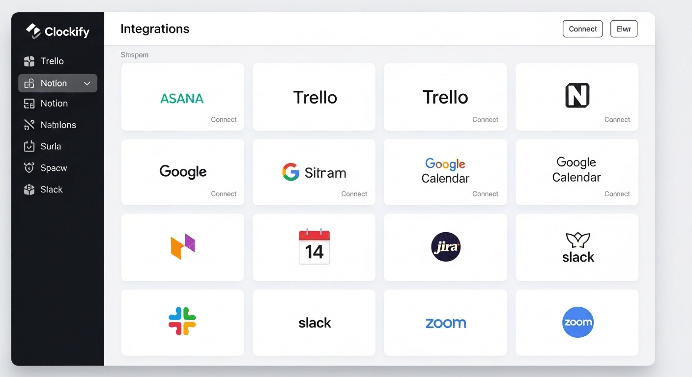 Captura de tela da galeria de integrações do Clockify, mostrando uma variedade de ferramentas de produtividade e gestão de projetos (como Asana, Trello, Notion, Google Calendar) com as quais ele pode se conectar para expandir funcionalidades.