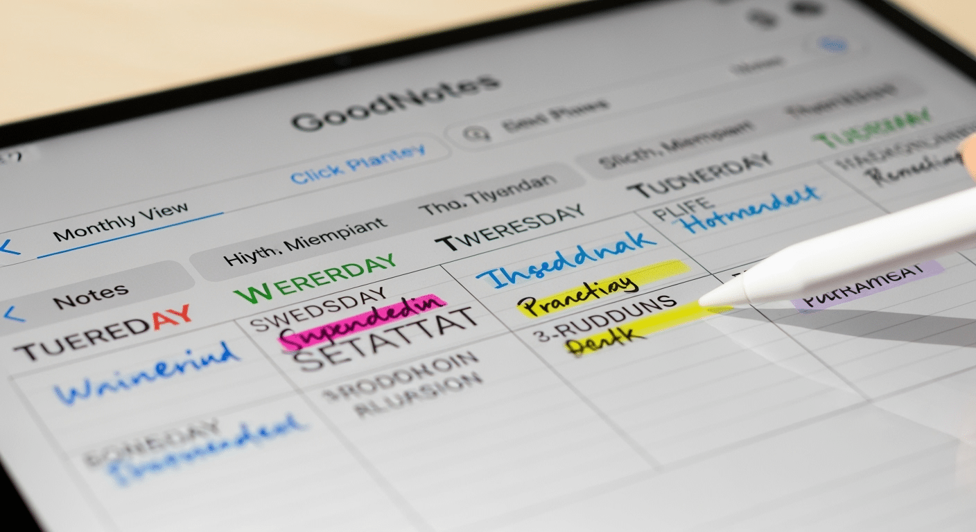 Screenshot de um planner digital aberto no GoodNotes em um iPad, mostrando anotações feitas com caneta, uso de marca-textos e a navegação por hiperlinks entre seções (ex: visão mensal para semanal).