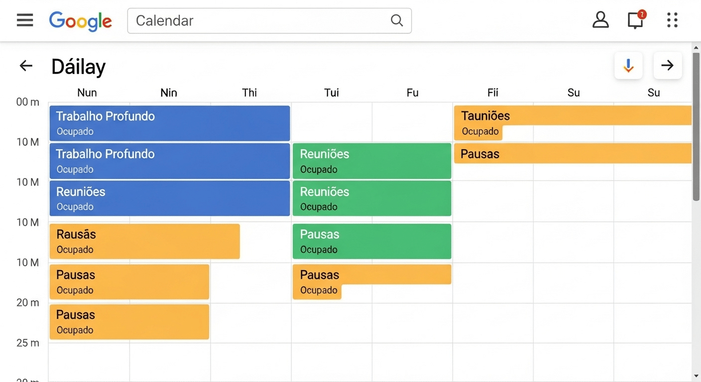 Visão de um Google Calendar com blocos de tempo coloridos, representando agendamento de tarefas com timeboxing.