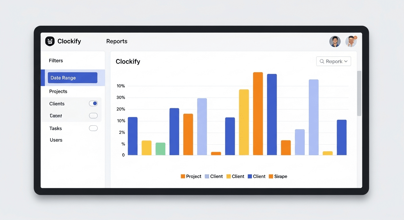 Captura de tela da interface de relatórios do Clockify, exibindo um gráfico visual de tempo gasto por projeto ou cliente, com opções de filtragem e detalhamento.