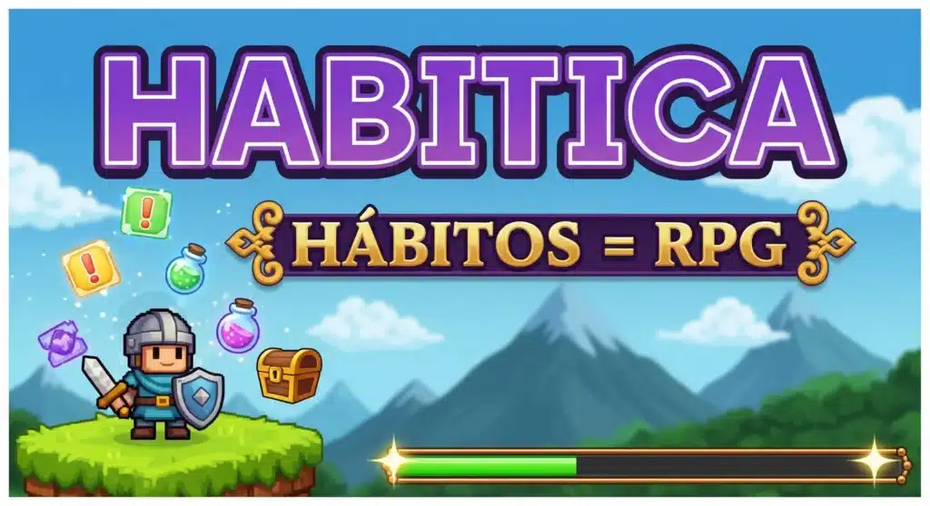 Thumbnail com texto "HABITICA HÁBITOS = RPG" sobre personagem de jogo e ícones de missão em estética RPG roxo e dourado