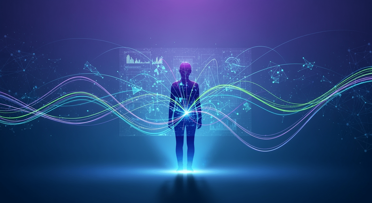 Ilustração abstrata representando a integração de Inteligência Artificial na produtividade digital.