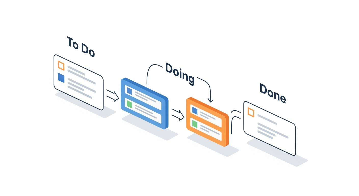 Ilustração conceitual do método Kanban com um quadro dividido em 'A Fazer', 'Em Andamento' e 'Concluído' com cartões coloridos, representando um fluxo de trabalho organizado.