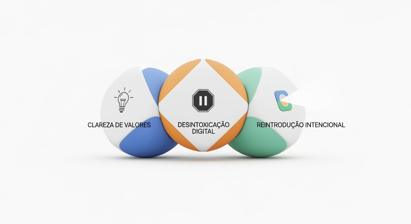 Ilustração conceitual mostrando os três pilares do minimalismo digital de Cal Newport: Clareza de Valores, Desintoxicação Digital e Reintrodução Intencional.