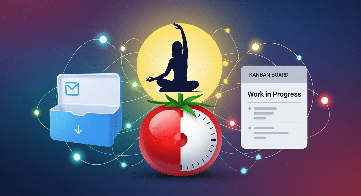 Ilustração mostrando a integração da Técnica Pomodoro com práticas de bem-estar digital, como meditação e hidratação.