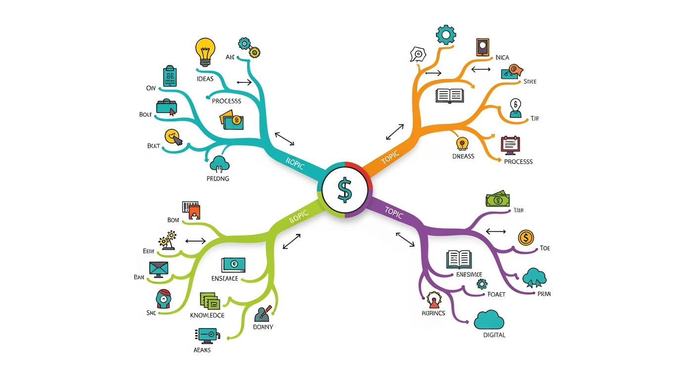 Ilustração de mapa mental colorido e interconectado, representando a revisão ativa e a conexão de ideias.