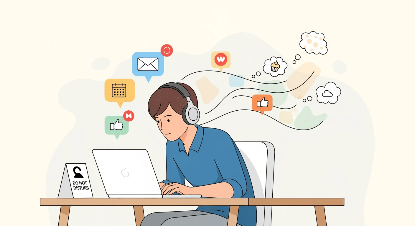 Ilustração de pessoa bloqueando distrações no trabalho, enfatizando o controle de interrupções para o foco.