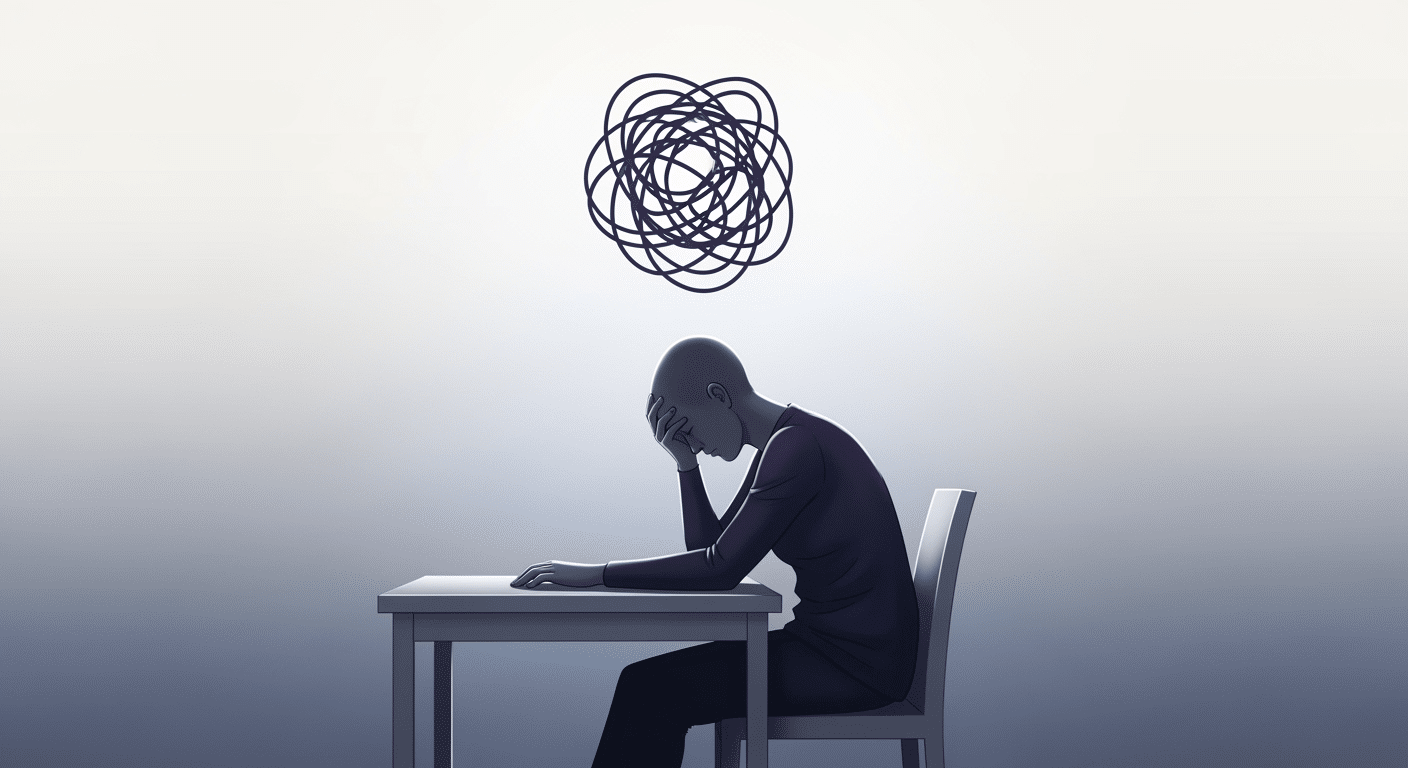 Ilustração de pessoa com balão de pensamento, representando a luta interna e a regulação emocional da procrastinação.