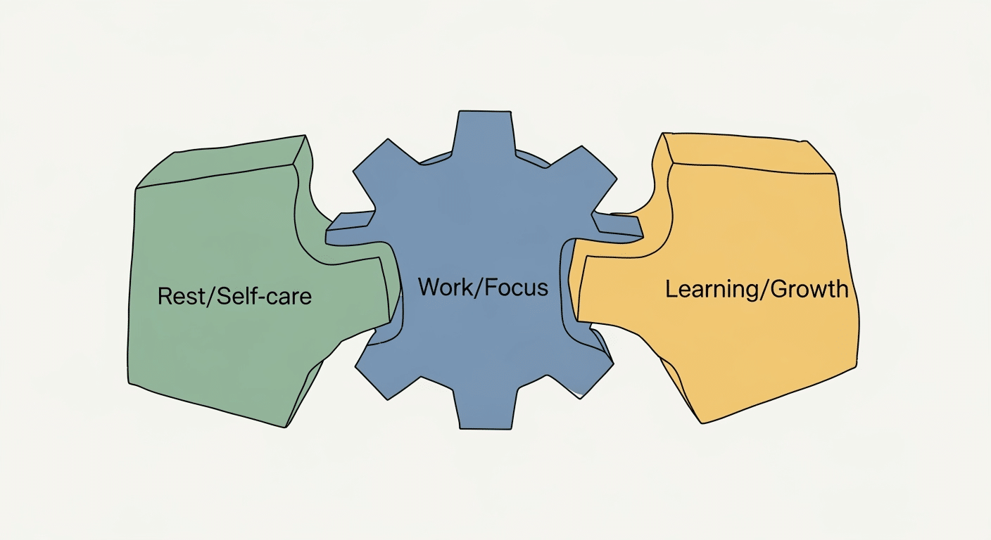 Ilustração de uma rotina equilibrada, com elementos de trabalho, descanso e bem-estar, essenciais para evitar a procrastinação.