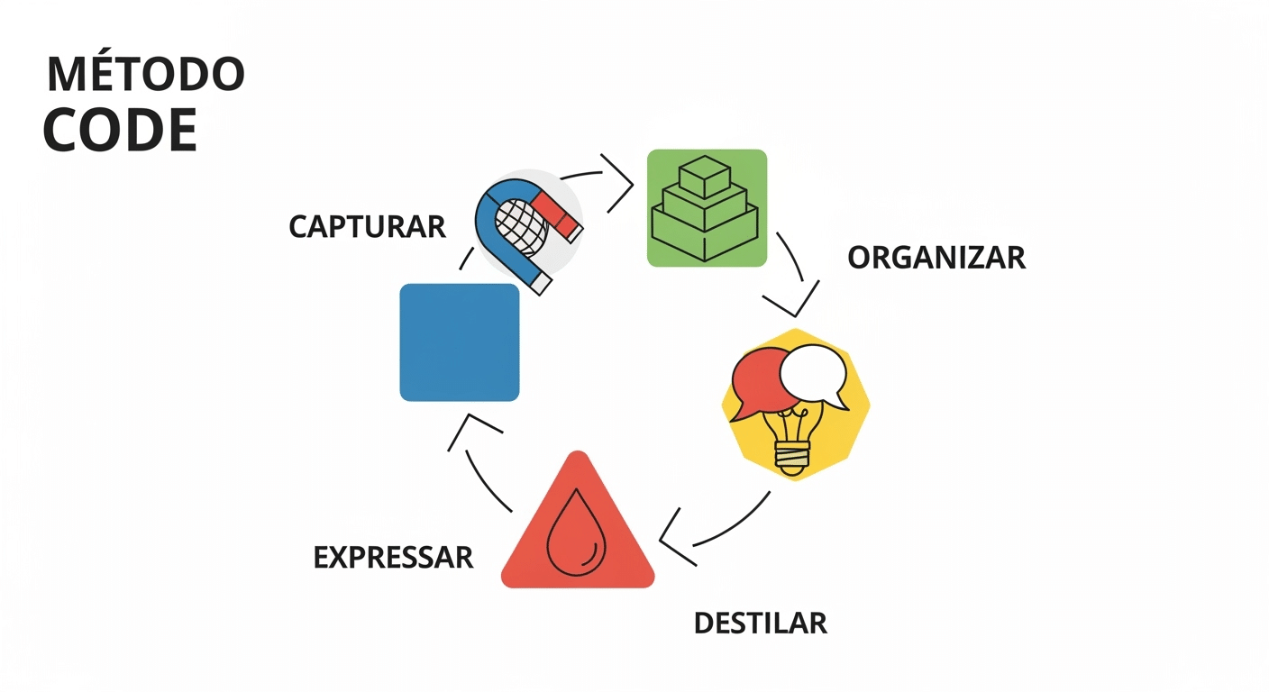 Infográfico do ciclo contínuo do Método CODE: Capturar, Organizar, Destilar, Expressar.