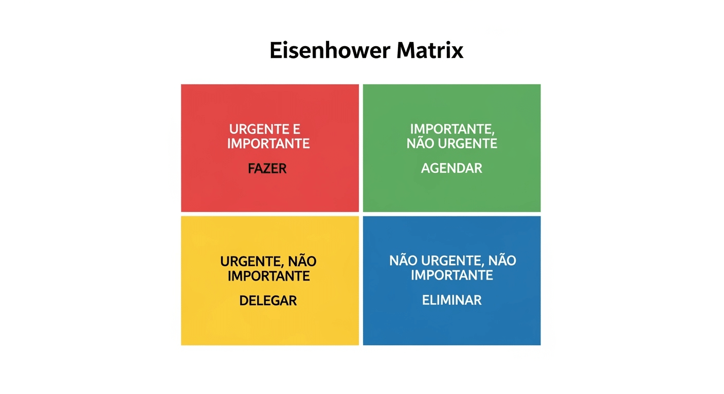 Infográfico da Matriz Eisenhower com exemplos de tarefas para cada um dos quatro quadrantes: Urgente/Importante (Fazer), Importante/Não Urgente (Agendar), Urgente/Não Importante (Delegar) e Não Urgente/Não Importante (Eliminar).
