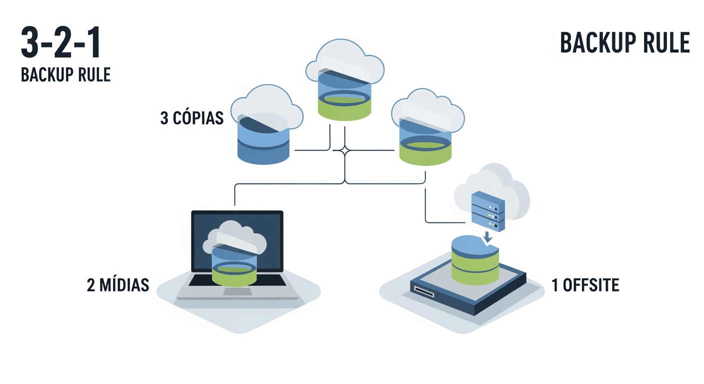 Infográfico ilustrando a regra 3-2-1 de backup: 3 cópias de dados, em 2 tipos de mídia diferentes, com 1 cópia offsite (fora do local físico principal).