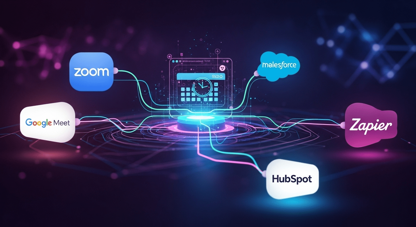 Tela de integrações do Calendly, mostrando ícones de plataformas como Google Calendar, Zoom e Microsoft Teams.