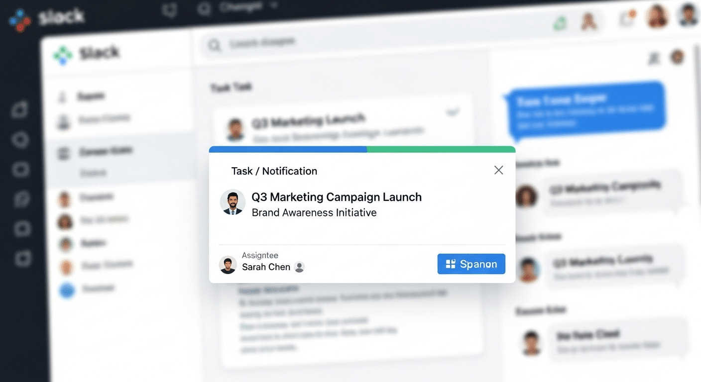 Captura de tela de uma integração do Slack em ação, mostrando uma notificação do Asana sobre uma tarefa atualizada dentro de um canal